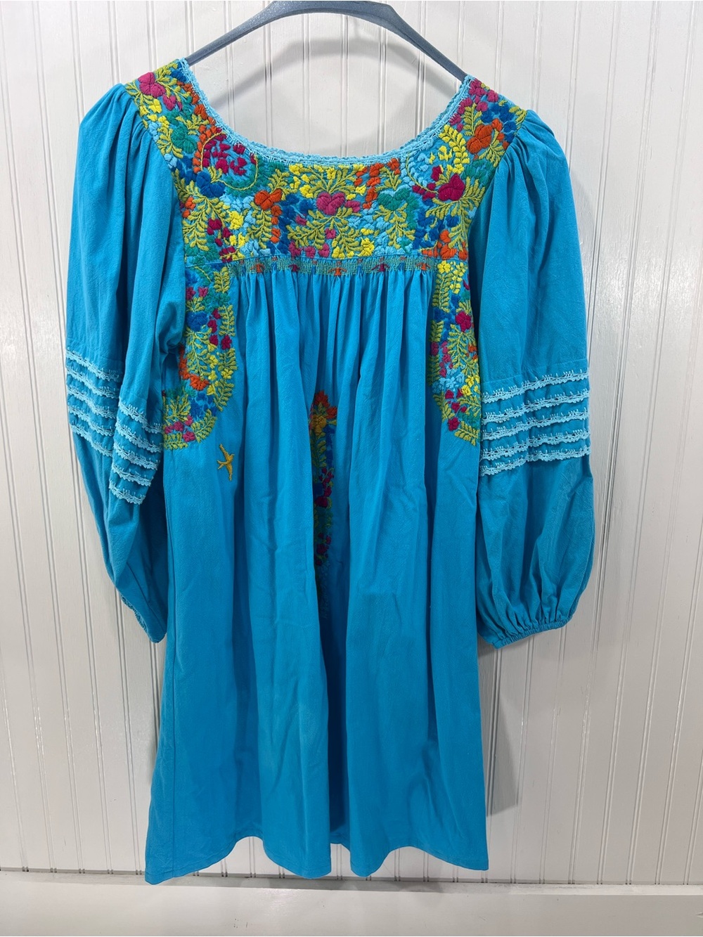 Mi Golondrina Hand Embroidered Turquoise Blue Mini Dress Peasant L